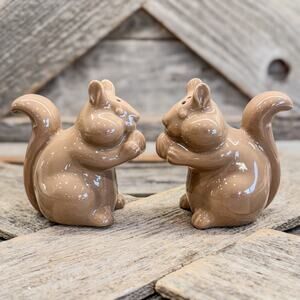 Big Cheeked Brown Squirrel w/ Acorn, Ceramic Salt/Pepper Shaker Set, Fall Decor